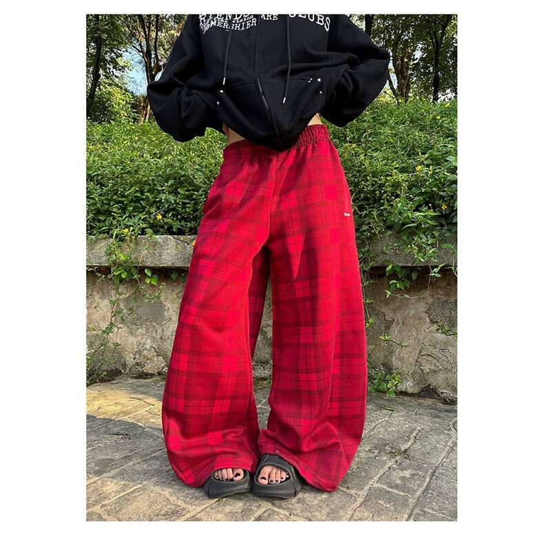 美式复古格子裤女秋季红色格纹阔腿裤宽松运动显瘦休闲裤拖地长裤，男装休闲裤，星座1210-1