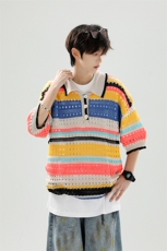 8XL-M特大码美式复古条纹撞色针织POLO衫翻领休闲短袖TDX311P35，男装T恤，电商D206-1