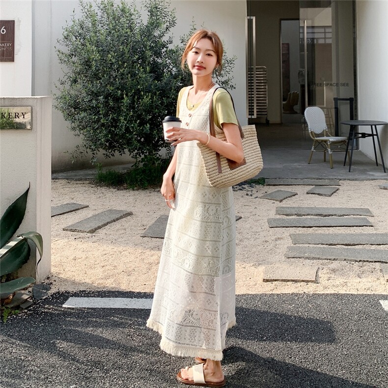 独特减龄感流苏钩花镂空罩衫配T恤裙套装女夏2025新款慵懒两件套,女装套装/套裙,浙宝217