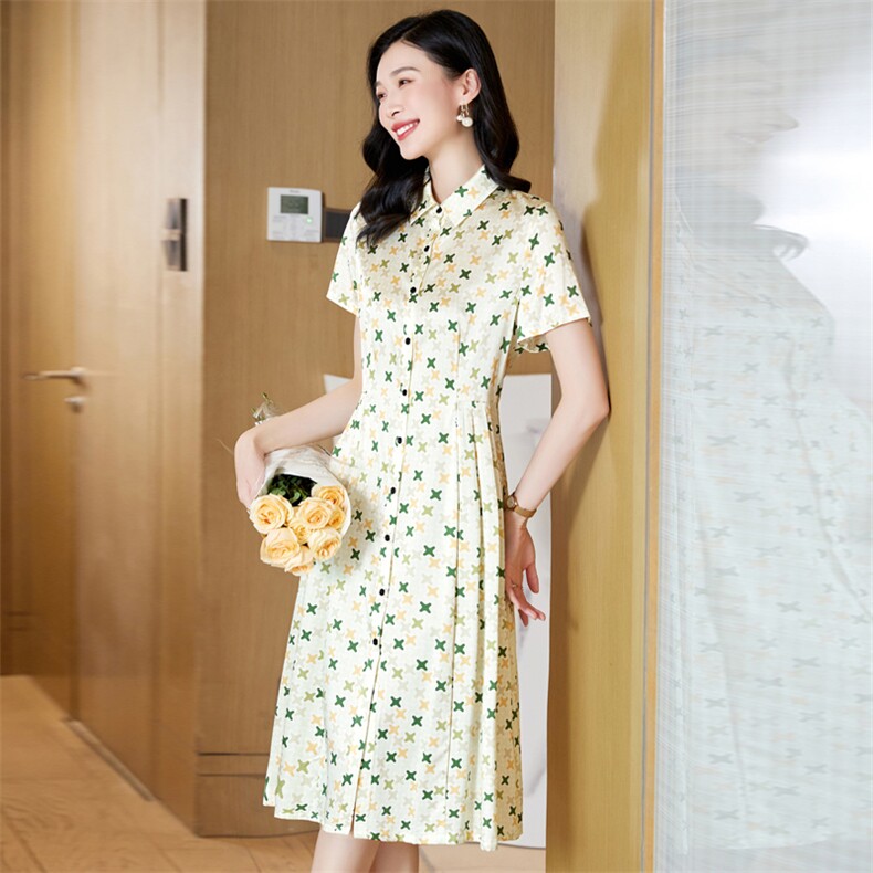 杭州重磅真丝桑蚕丝连衣裙女高端大牌2025新款夏季碎花妈妈衬衫裙,女装连衣裙,阿舍尔精品