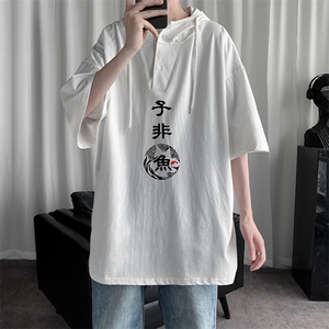 LD54070-P45连帽短袖t恤男大码胖子带帽五分袖中袖
