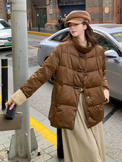 短款立领拼接袖简中式一手长加厚羽绒服女宽松保暖外套，女装羽绒服，水衣源