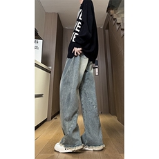 现货直筒渐变休闲裤女宽松复古蓝毛边牛仔裤男K5825-P55控78，男装休闲裤，星座205