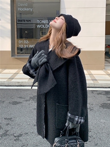 韩版格子拼接慵懒风双面羊毛大衣女2025秋冬季新款显瘦两面穿外套图片