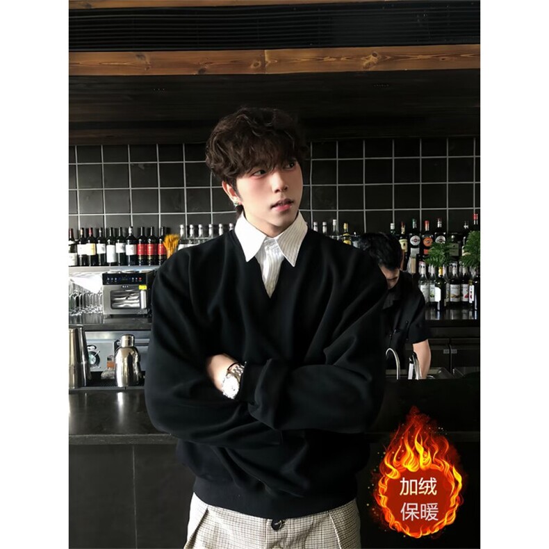 春秋韩版时髦复古慵懒风假两件叠穿衬衫领加绒卫衣男士宽松版外套，男装衬衫，星座506A