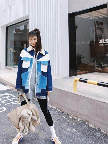 拼接撞色牛仔羊羔毛外套，女装，YOUER DENG