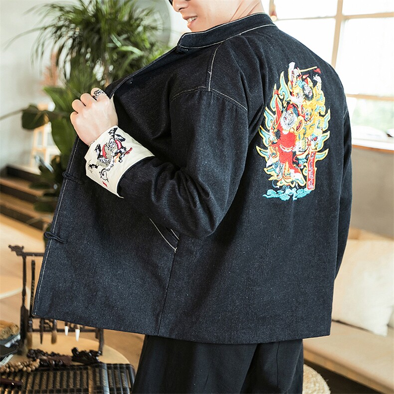 秋冬风刺绣大码休闲牛仔夹克立领情侣唐装外套潮JK17/P155,男装夹克,钱塘713