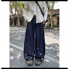 美式刺绣阔腿牛仔裤高街弯刀裤宽松拖地长裤FA707-P60，男装牛仔裤，星座1001-1