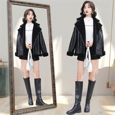 2021秋冬新款仿羊羔毛皮毛一体女机车皮衣外套中长款，女装皮衣，江南女神