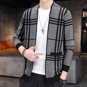 秋季好款毛线衣青年修身休闲潮纯色针织衫男条纹开衫外套图片