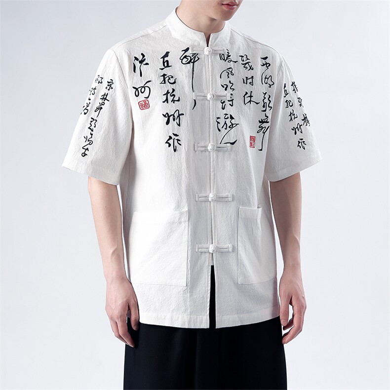 新款中式书法汉字刺绣风五分袖T恤衬衫开衫T2881-P65,男装T恤,电商A021