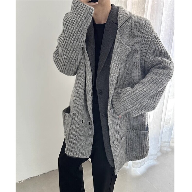 Cleanfit韩系重磅松弛感西装领开衫毛衣慵懒风双排扣设计,男装针织衫/毛衣,星座218-1（原230）