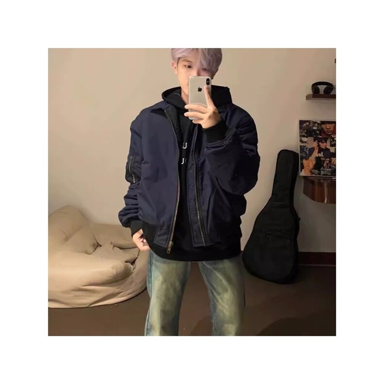 网红同款美式复古藏青色飞行员夹克外套潮牌欧美街头短款棒球服男,男装夹克,星座1210-1