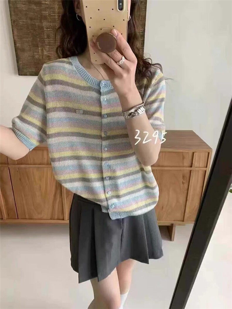 夏季圆领撞色条纹莱赛尔天丝短袖T恤女休闲套头针织薄款半袖上衣,女装T恤,唐诺