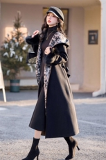 【bao款现货】2024新款冬装连帽水墨气质长款毛呢外套羽绒服鸭绒，女装羽绒服，雅静靓衣