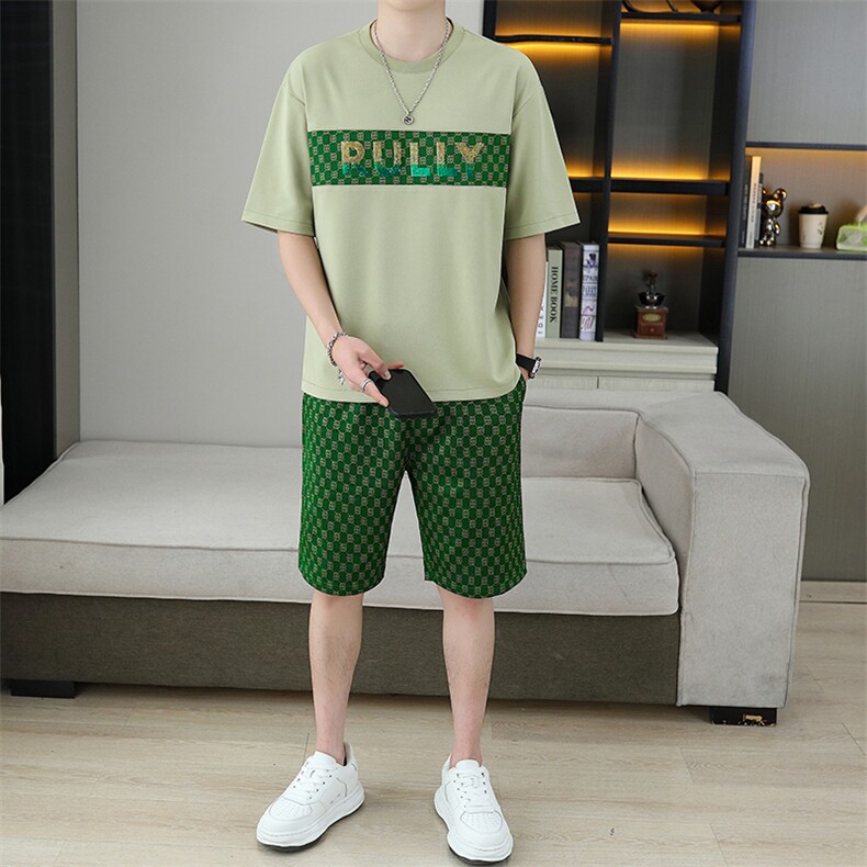 新款短袖t恤套装男夏季薄款休闲运动服潮牌印花华夫格短裤两件套,男装休闲套装,星座1801