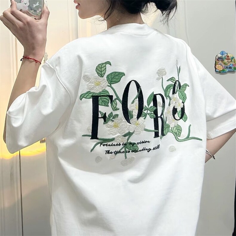 【重工刺绣】100%纯棉潮牌花卉字母绣花T恤短袖chic百搭上衣女,男装T恤,星座1210-1