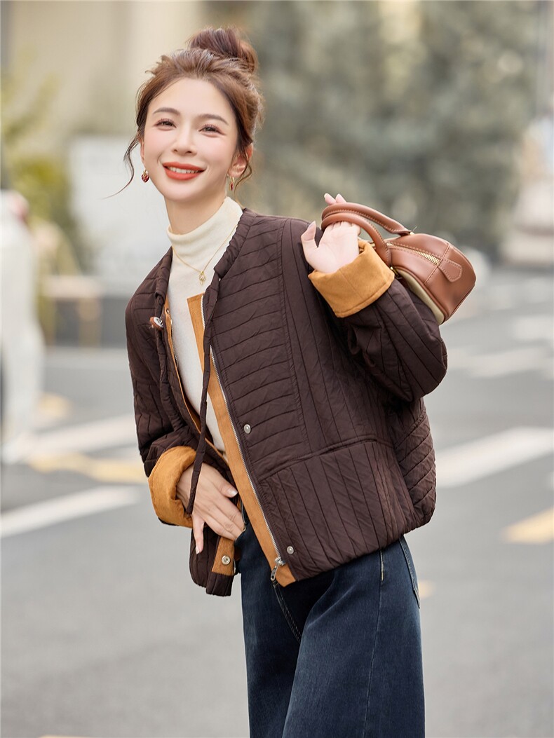 时尚圆领撞色短款棉服女2025冬新款休闲宽松保暖棉衣夹棉加厚外套,女装棉衣/棉服,余墨