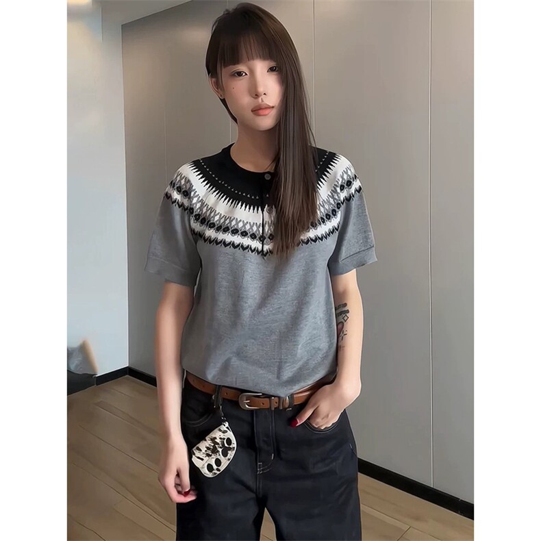 网图有货夏季费尔岛亨利领针织衫短袖T恤男女老钱风上衣A637-P45,男装T恤,星座1505