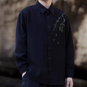 长袖衬衫男秋季新款风花卉刺绣男装潮流时尚修身内搭抗皱衬衣图片