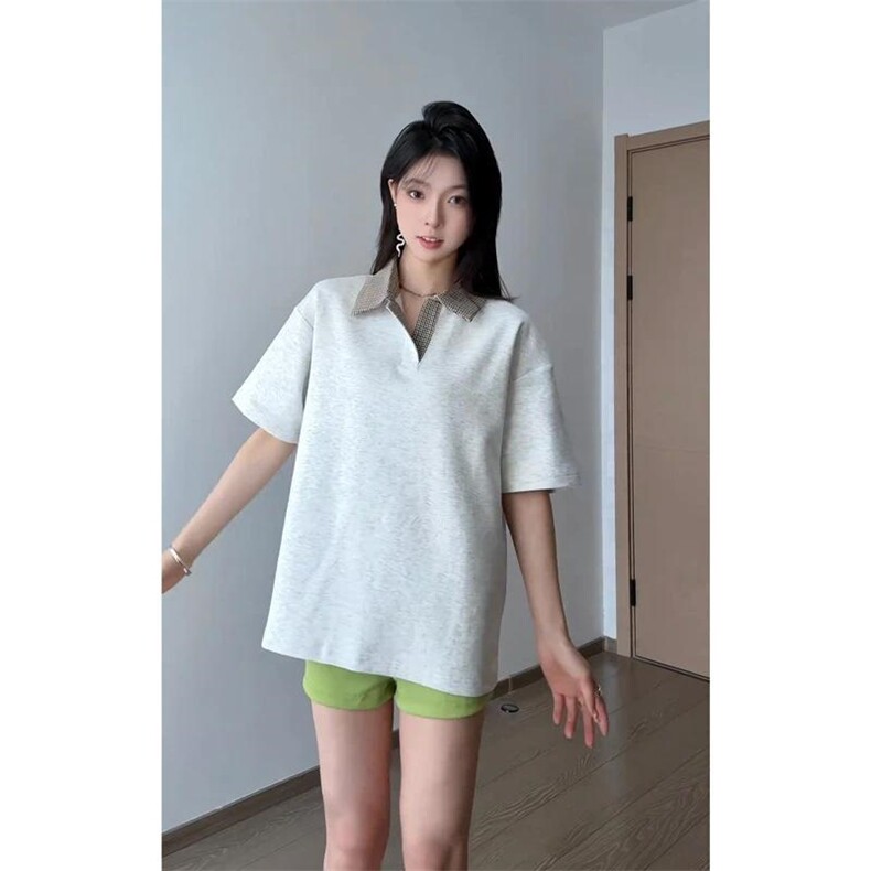 得物抖音高品质二开夏季美式潮牌假两件格子衬衫翻领高街短袖T恤,男装T恤,电商A486