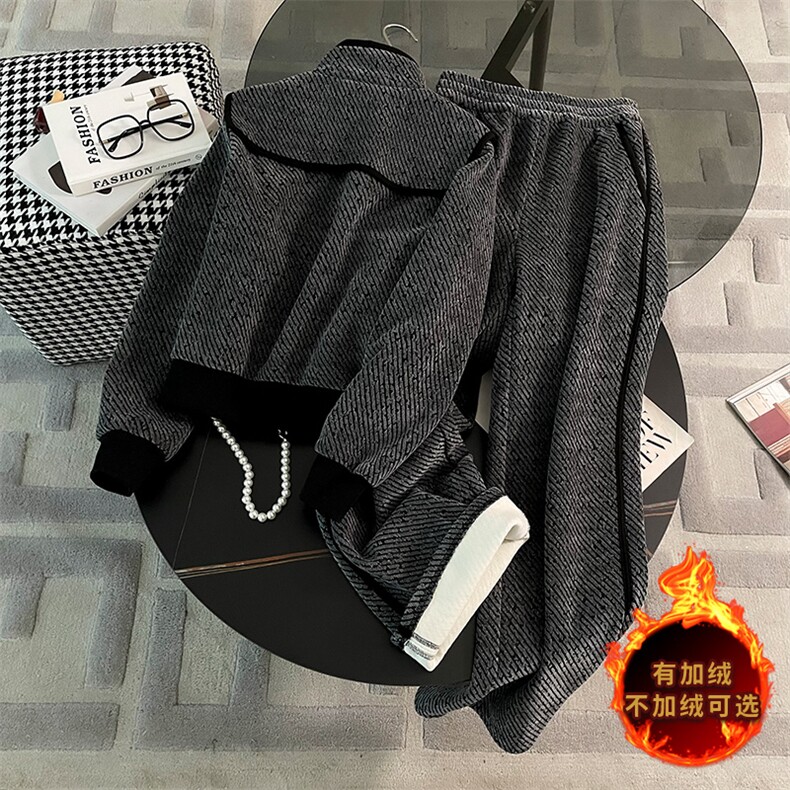 女秋冬撞色加绒外套阔腿裤显瘦两件套,女装套装/套裙,江南