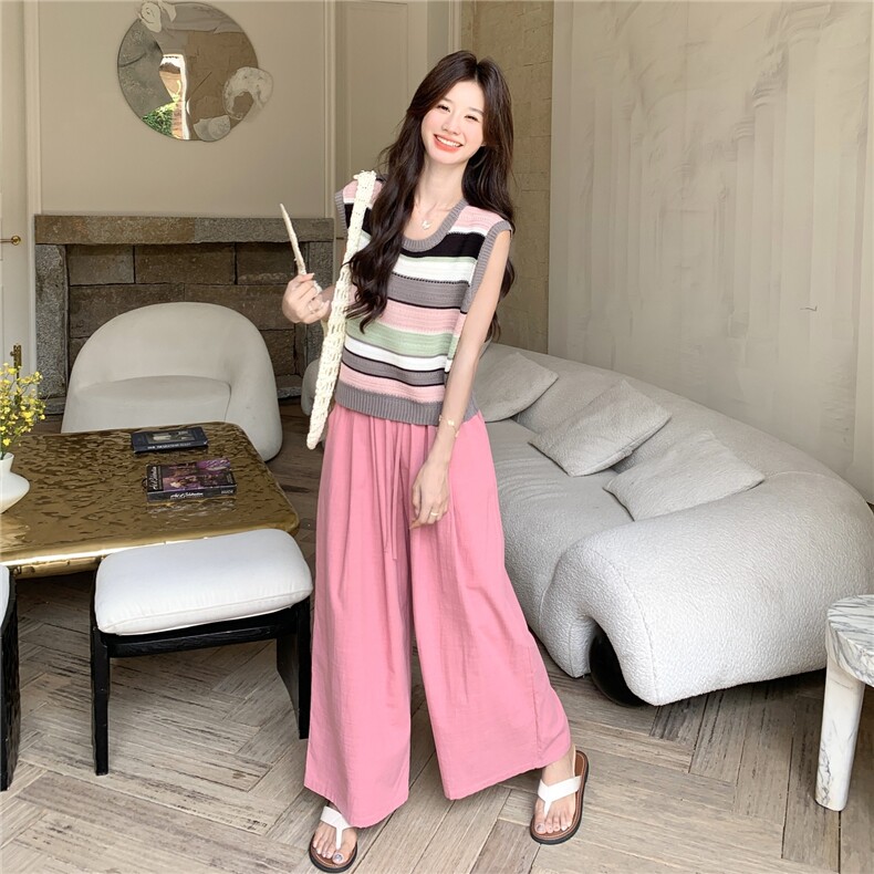 减龄撞色拼接条纹针织衫套装女夏季2025年新款阔腿裤两件套,女装套装/套裙,2C166