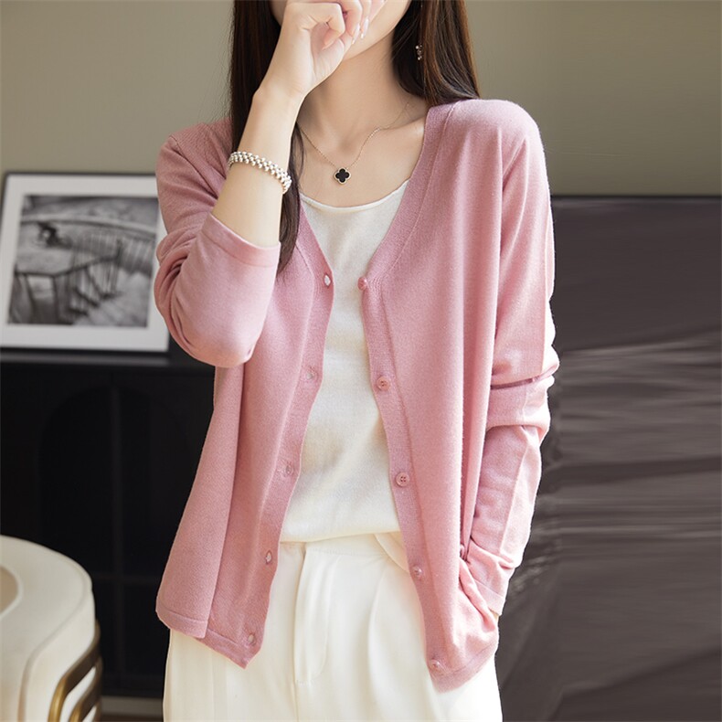 时尚V领长袖纯色单排扣假两件针织衫2024年秋季，女装针织衫/毛衣，朝思羊绒