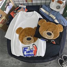 703-T213-P38夏季贴布绣毛绒小熊毛巾绣T恤潮牌宽松可爱情侣，男装T恤，星座703