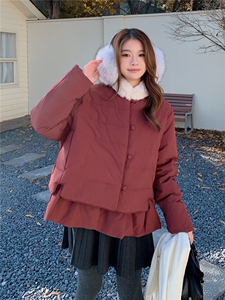 韩版短款羽绒服女2025冬季新款今年流行毛领收腰保暖外套酒红色图片
