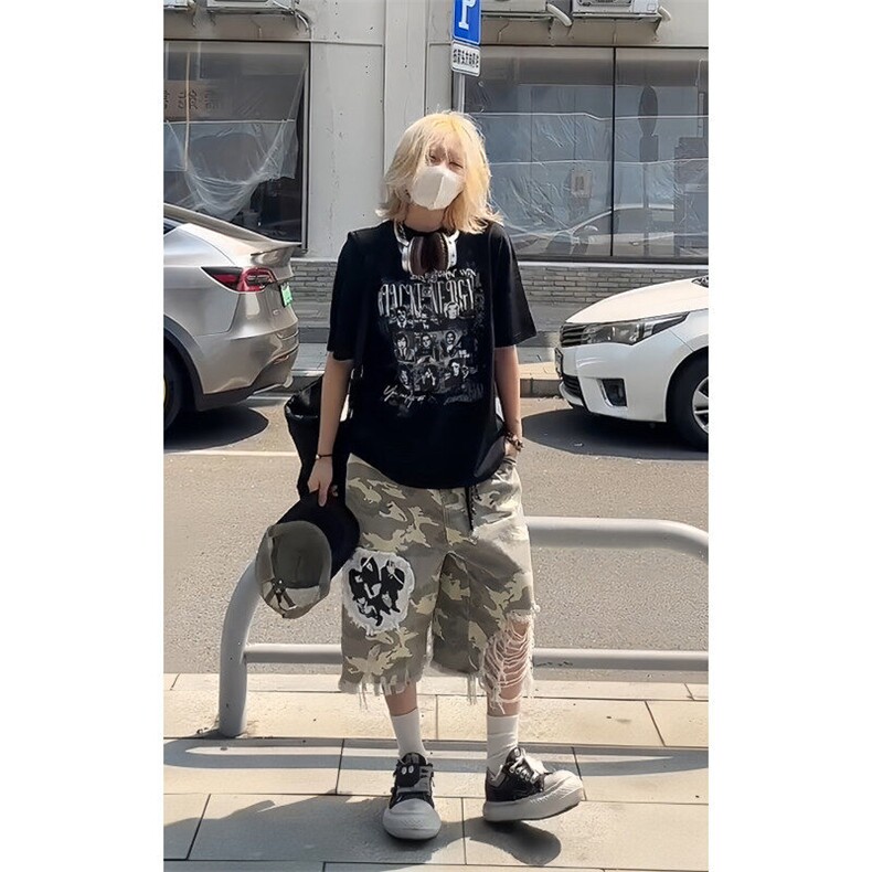 【有货】A339CC-特P48美式复古破洞补丁迷彩七分短裤男女,男装牛仔裤,星座1007（原301D）