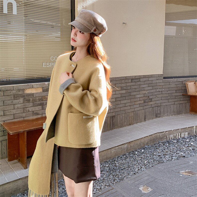 慵懒风设计感圆领双面羊绒大衣女2025冬季高级感时髦甜美毛呢外套,女装毛呢外套,2D014