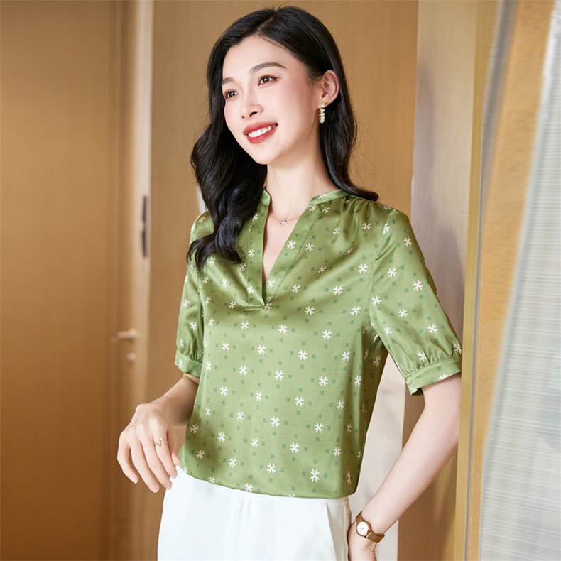 v领真丝衬衫女短袖夏季2025新款宽松大码印花桑蚕丝上衣中年妈妈,女装衬衫,阿舍尔精品