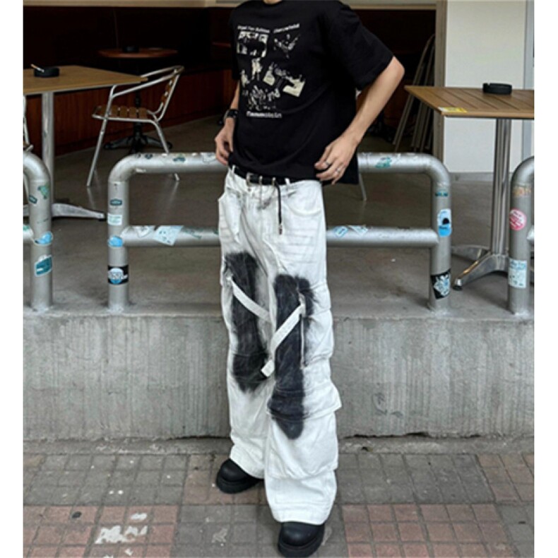 嘻哈复古设计喷墨脏白牛仔裤男宽松阔腿多口袋绑带工装裤 N7688图片