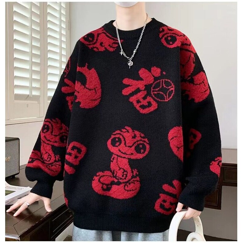 网络图本命年过年喜庆红色毛衣男女秋冬新款宽松超好看针织衫上衣,男装针织衫/毛衣,星座715-4