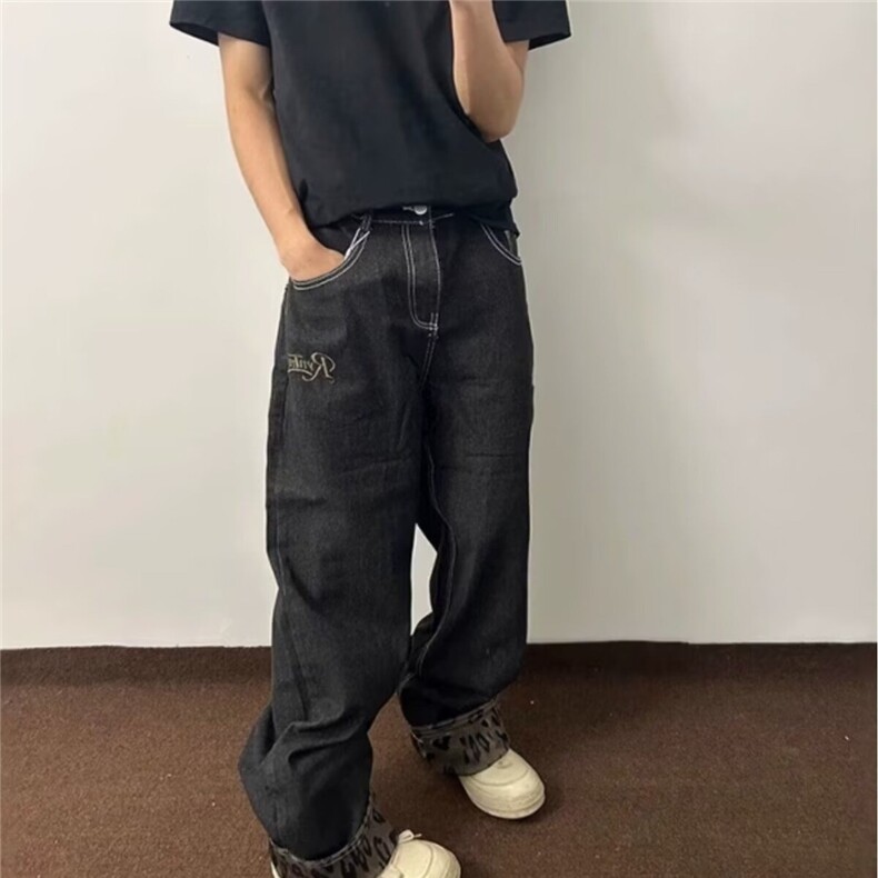 复古豹纹拼接卷边牛仔裤夏季慵懒松弛感高腰拖地阔腿弯刀裤裤子,男装牛仔裤,星座506A