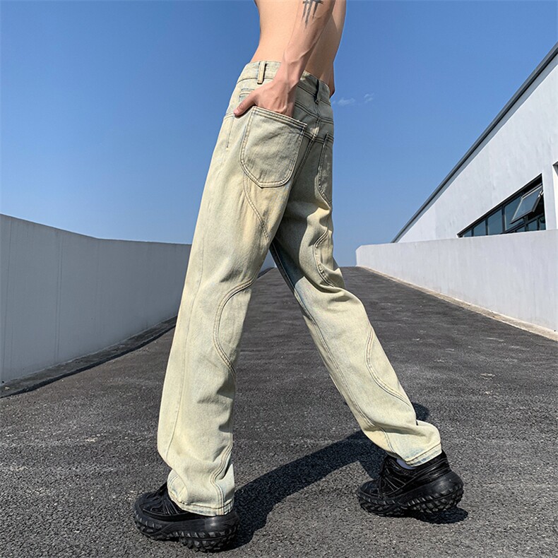 B221美式ins高街暗黑小众泥黄色休闲直筒牛仔裤LK23026-P60控78,男装牛仔裤,电商B221