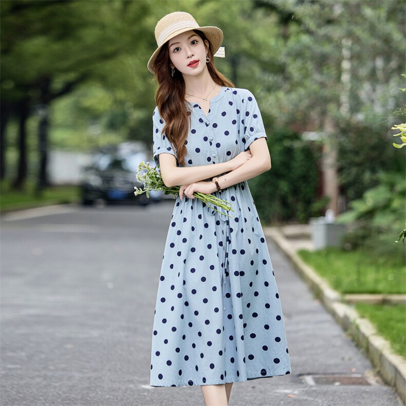 高端波点连衣裙女夏季轻奢高级感法式复古收腰减龄显瘦休闲a字裙,女装连衣裙,倪叶myz