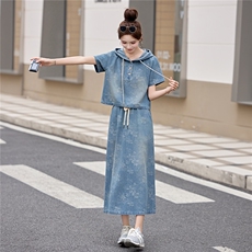 现货牛仔套裙2026年夏季新款女装时尚休闲连帽半裙两件套，女装套装/套裙，关键词