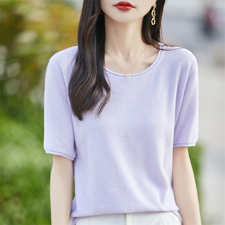 2025年夏季常规不连帽通勤时尚圆领透气针织衫短袖,女装T恤,贝美羊绒
