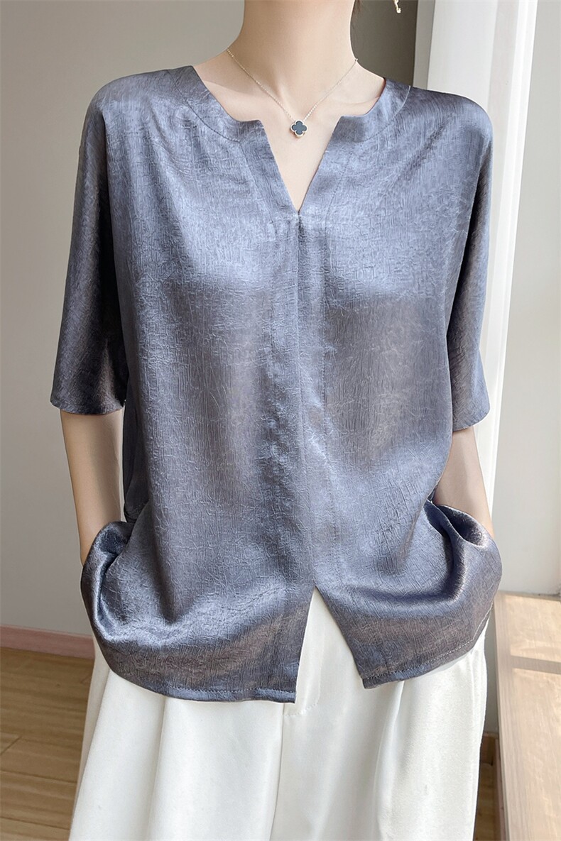 衬衣V领高级感短袖衬衫夏季新款纯色宽松上衣,针织衫/毛衣,绒宛羊绒