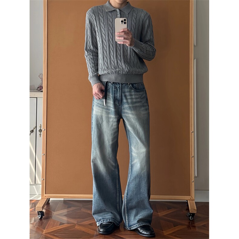 网图有货绞花假两件拼接条纹长袖毛衣针织衫老钱风男女A938-P60,男装针织衫/毛衣,星座1505