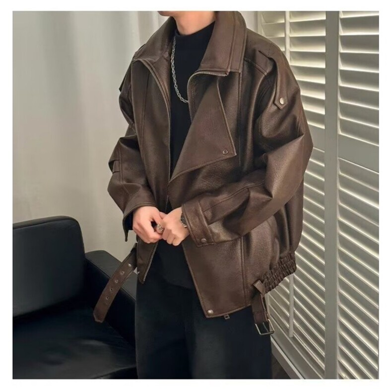 高级感翻领皮衣外套男士欧美风痞帅街头潮流机车服韩PU皮夹克衫,男装皮衣,星座506A