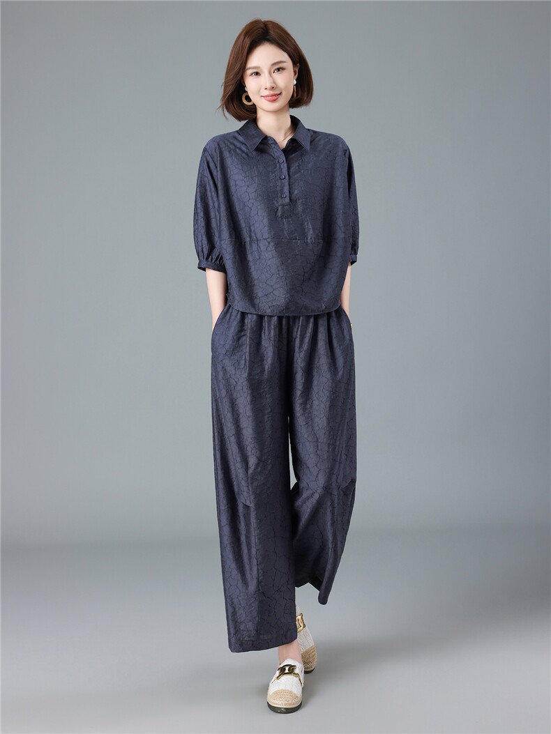 现货2026夏季新款宽松大码洋气减龄莱赛尔提花衬衫套装两件套,女装套装/套裙,深水步