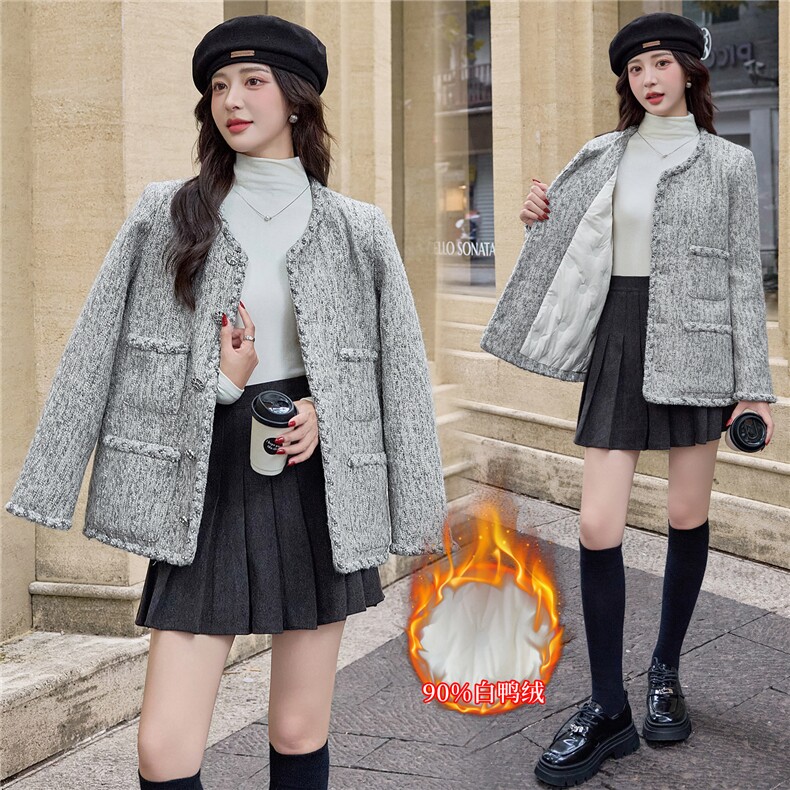 【bao款大货已出】2025冬装新款亮丝粗花呢羽绒小香外套90%白鸭绒,女装羽绒服,雅静靓衣