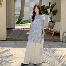 新中式复古国风套装女2025夏新款高级感改良旗袍上衣阔腿裤两件套，女装套装/套裙，2C135