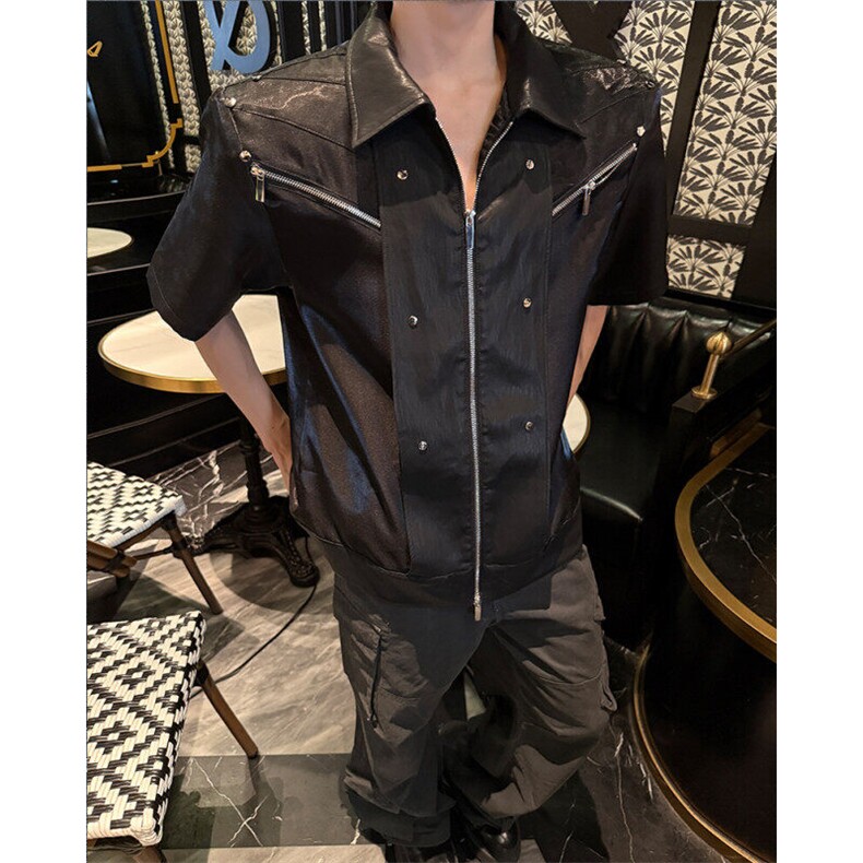 现货25设计感解构液体金属男士亮丝垫肩拉链短袖外套cs176-p108，男装T恤，电商B288