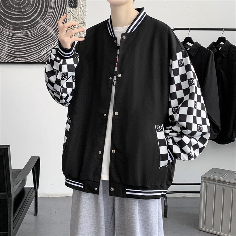 秋季美式潮流格子拼接棒球服外套男宽松夹克情侣上衣JK02226-P65,男装夹克,星座308B-1