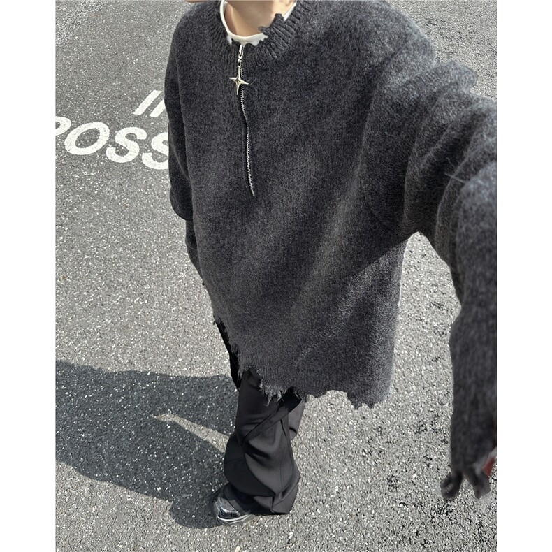 【有货】DMY9809-P62美式半拉链破损套头毛衣男款秋冬宽松针织衫图片