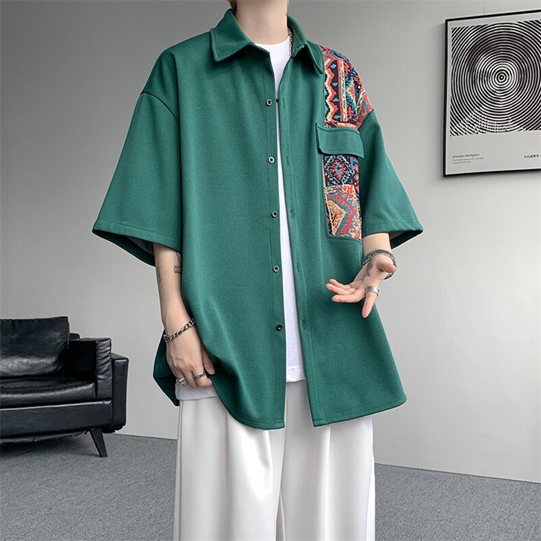 8XL-M民族风拼接短袖衬衫男夏季痞帅半袖衬衣薄款外套DC28009P45,男装衬衫,电商B312